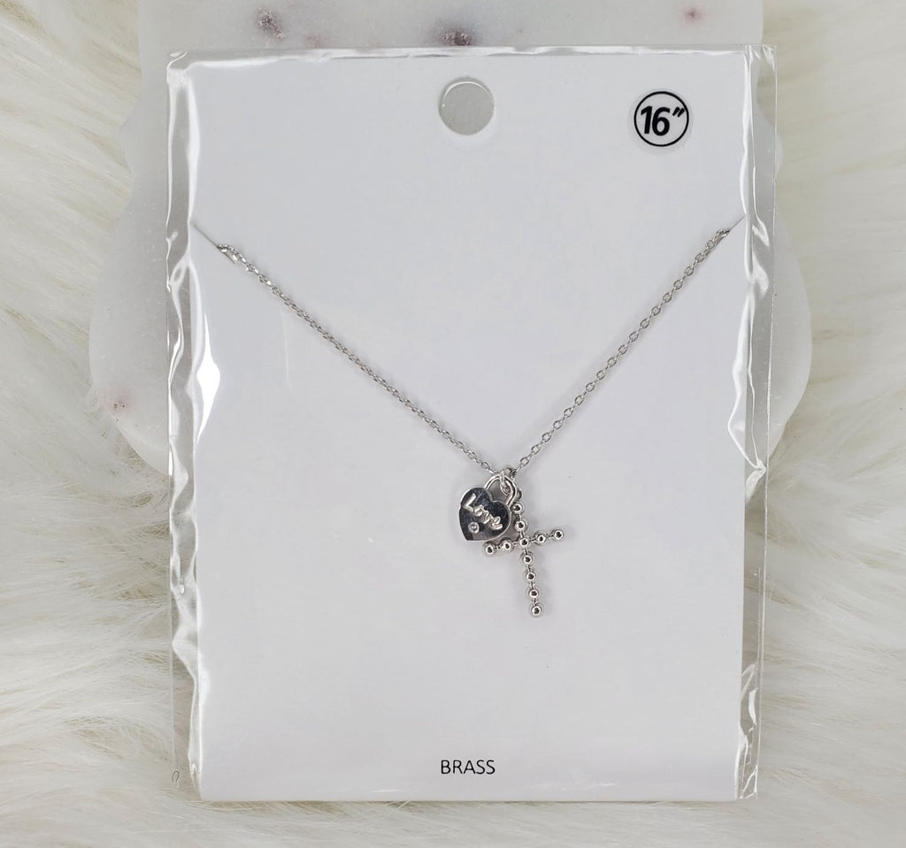 Cross with Love Charm 16-inch brass necklace  Ivy and Pearl Boutique Silver