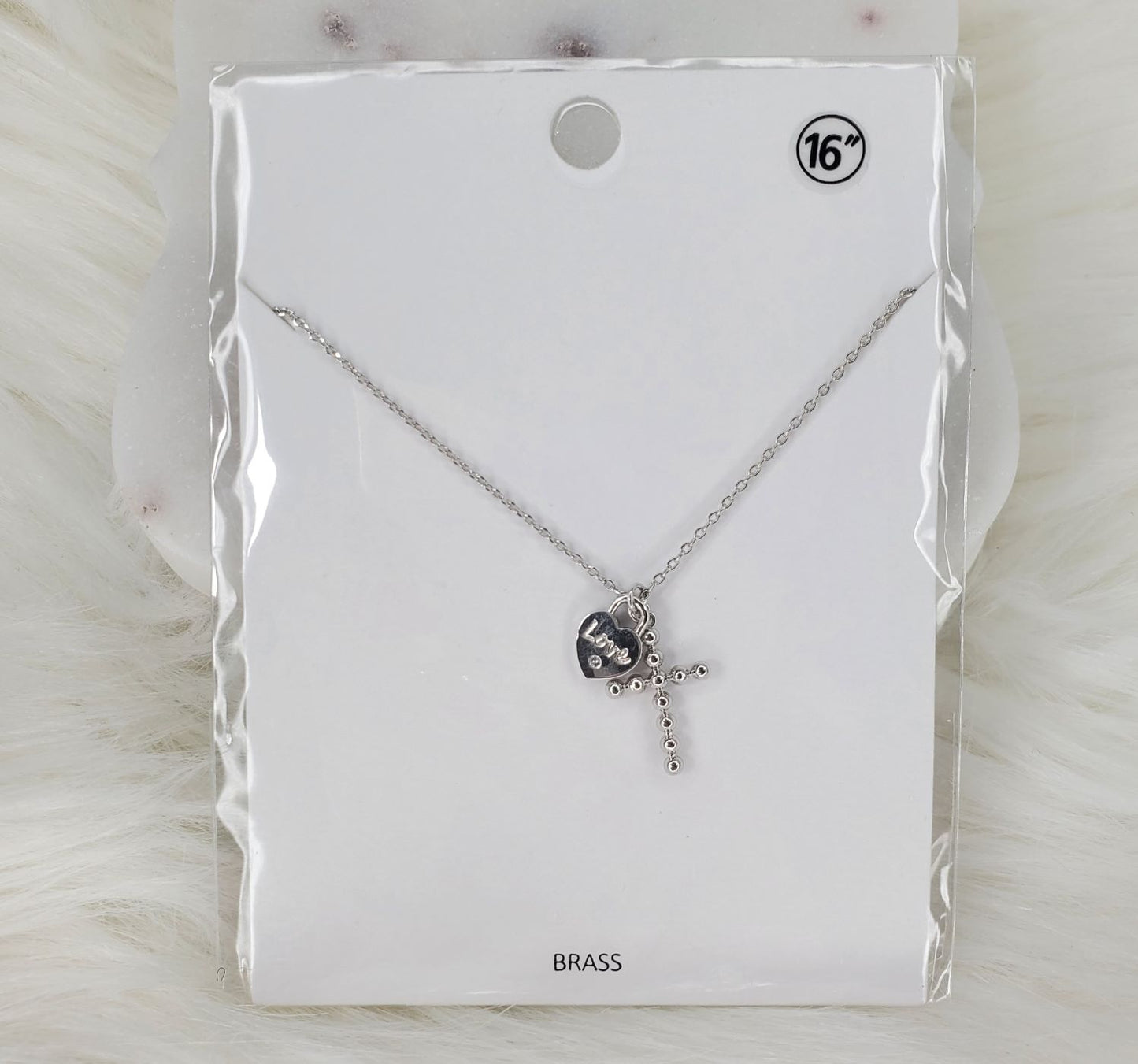 Cross with Love Charm 16-inch brass necklace  Ivy and Pearl Boutique Silver