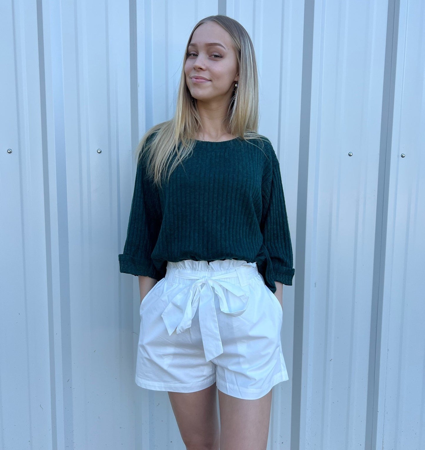 Ribbed knit 3/4 folded sleeve round neck top with side slits and high-low hem Ivy and Pearl Boutique