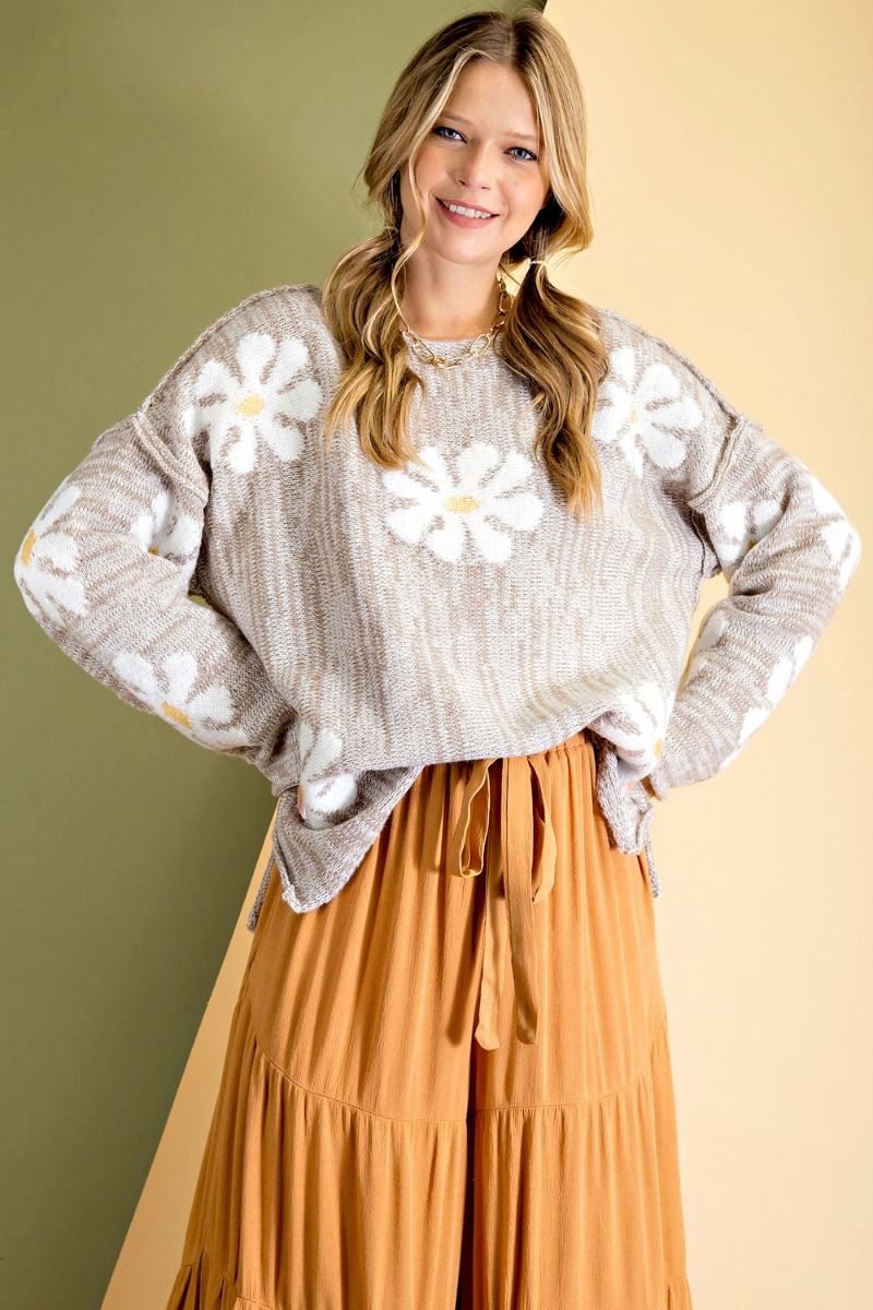 Daisy flower patterned loose fit sweater (multiple colors available) RESTOCKED Ivy and Pearl Boutique Mushroom M