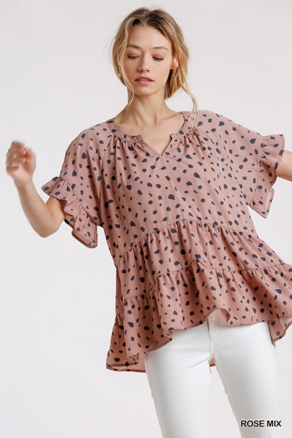 Dalmatian Split Neck Short Ruffle Sleeve Tiered Top with High Low Hem Ivy and Pearl Boutique
