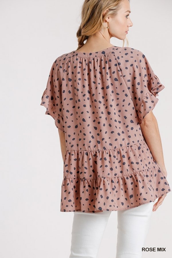 Dalmatian Split Neck Short Ruffle Sleeve Tiered Top with High Low Hem Ivy and Pearl Boutique