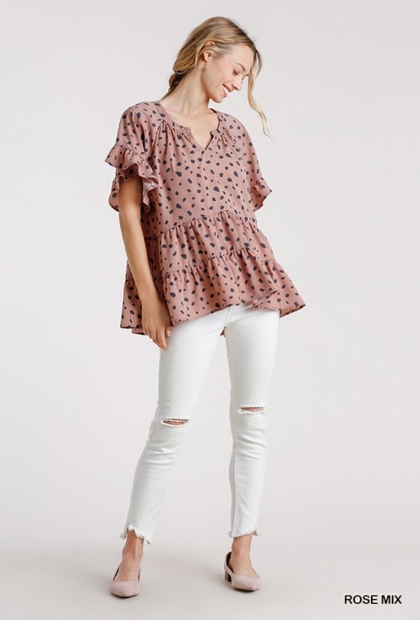 Dalmatian Split Neck Short Ruffle Sleeve Tiered Top with High Low Hem Ivy and Pearl Boutique Rose S