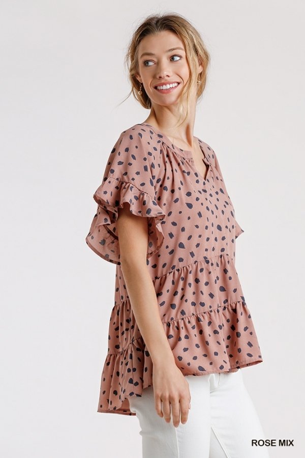 Dalmatian Split Neck Short Ruffle Sleeve Tiered Top with High Low Hem Ivy and Pearl Boutique