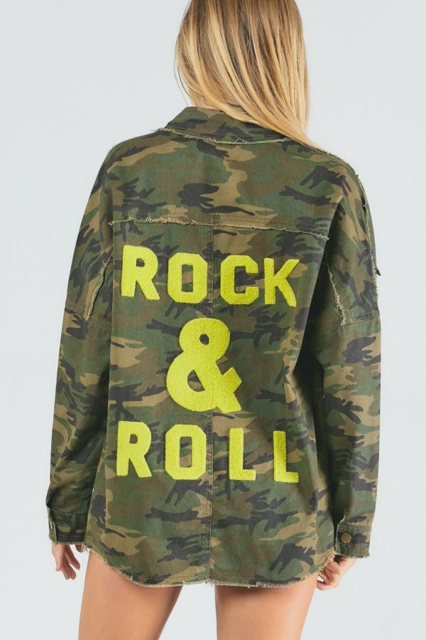 Rock and Roll Army Print button down jacket Ivy and Pearl Boutique Olive S