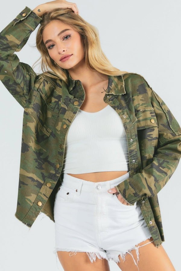 Rock and Roll Army Print button down jacket Ivy and Pearl Boutique