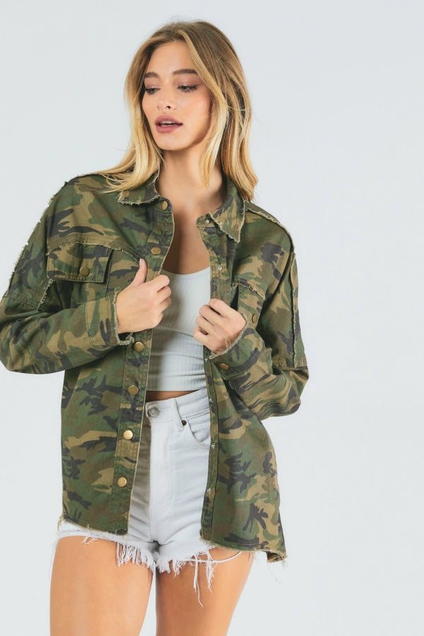 Rock and Roll Army Print button down jacket Ivy and Pearl Boutique