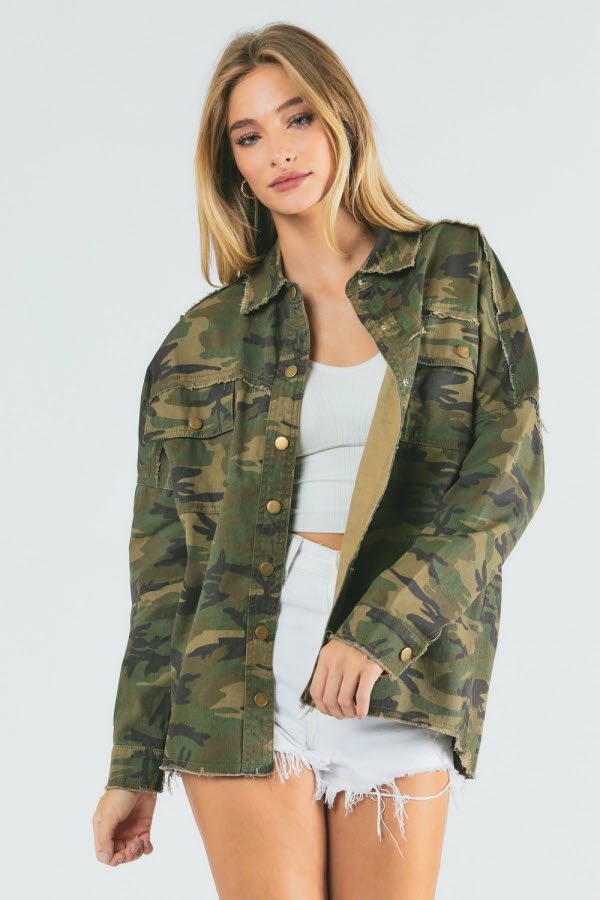 Rock and Roll Army Print button down jacket Ivy and Pearl Boutique
