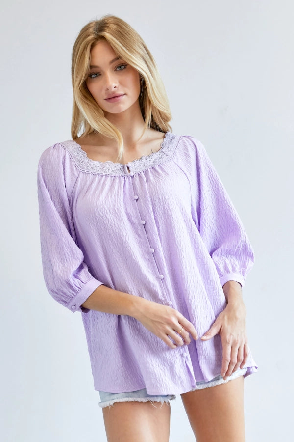 Solid button down 3/4 sleeve with Pentagon neck loose top Ivy and Pearl Boutique
