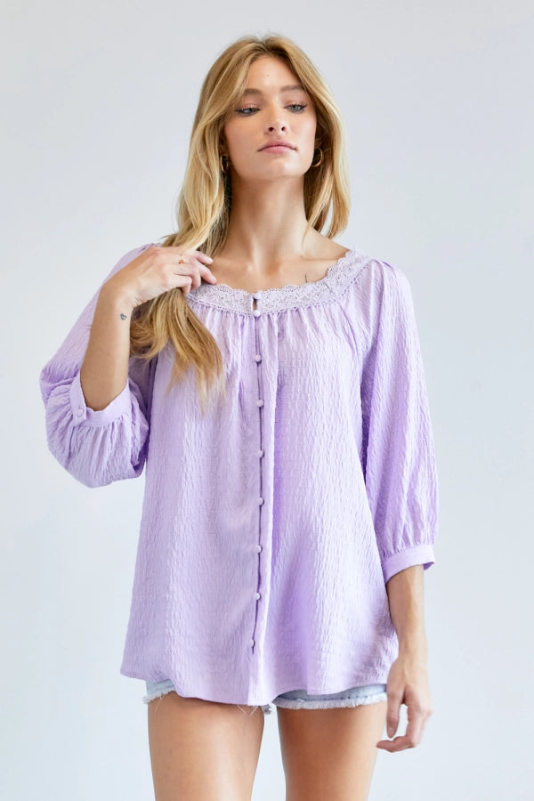 Solid button down 3/4 sleeve with Pentagon neck loose top Ivy and Pearl Boutique