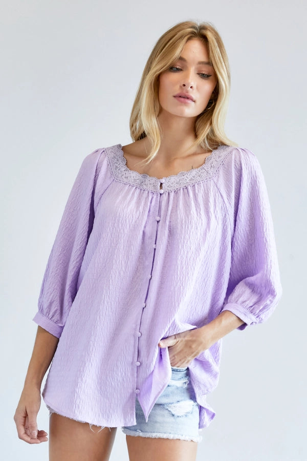 Solid button down 3/4 sleeve with Pentagon neck loose top Ivy and Pearl Boutique