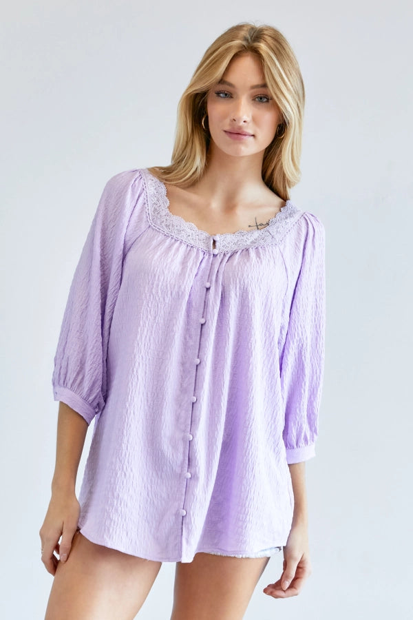 Solid button down 3/4 sleeve with Pentagon neck loose top Ivy and Pearl Boutique