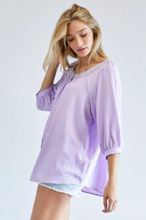 Solid button down 3/4 sleeve with Pentagon neck loose top Ivy and Pearl Boutique