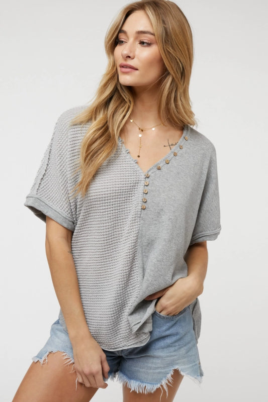 Solid V-neck short sleeve button down top  Ivy and Pearl Boutique Heather Gray S