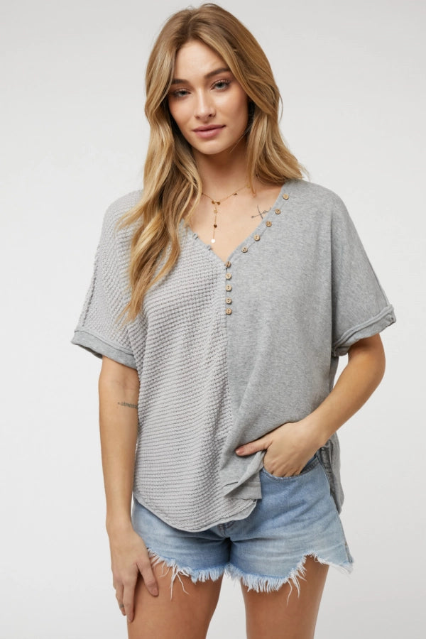 Solid V-neck short sleeve button down top Ivy and Pearl Boutique