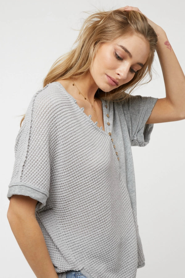Solid V-neck short sleeve button down top Ivy and Pearl Boutique