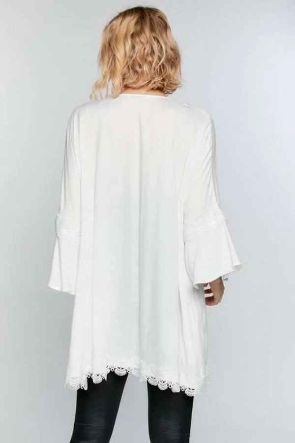 Solid with lace trim 3/4 sleeve open front kimono cardigan Ivy and Pearl Boutique