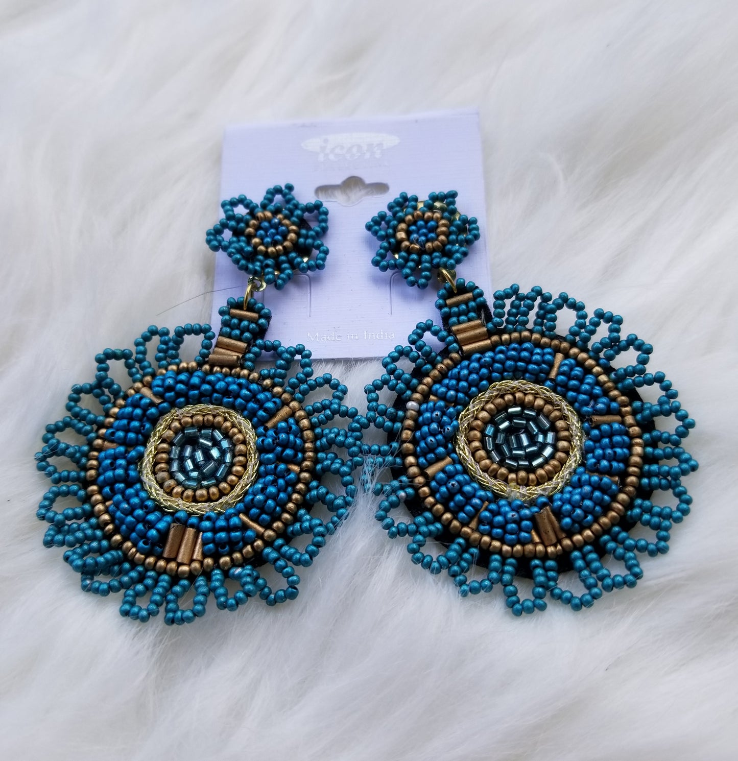 Aqua decorative circle beaded statement earrings Ivy and Pearl Boutique