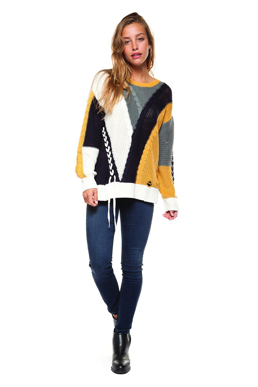 Long sleeve color block cable knit sweater with lace-up trim Ivy and Pearl Boutique