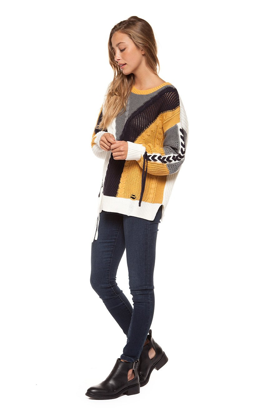 Long sleeve color block cable knit sweater with lace-up trim Ivy and Pearl Boutique
