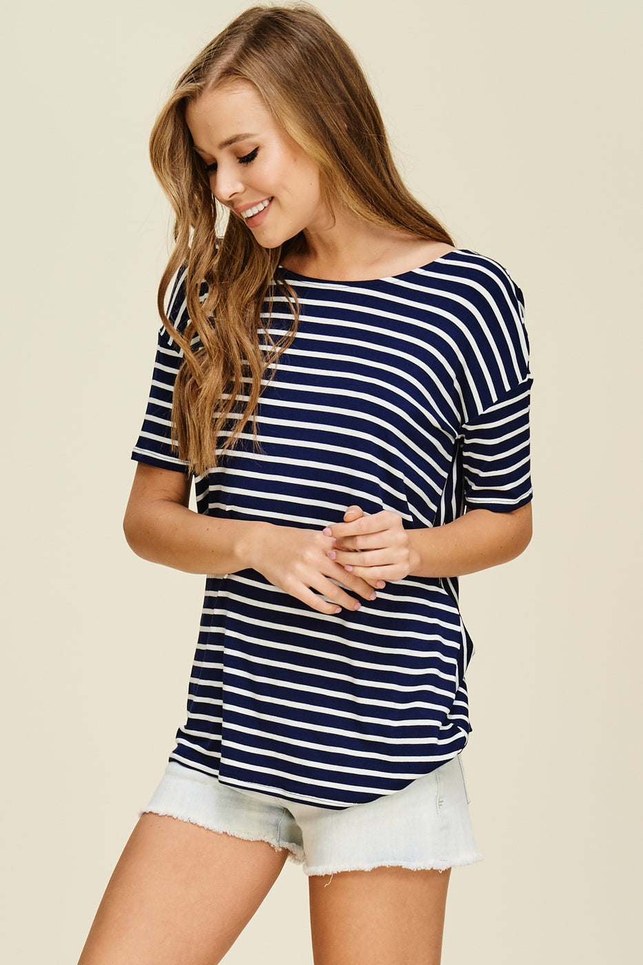 Dolman sleeve striped knit top with round neck and gathered twist back Ivy and Pearl Boutique