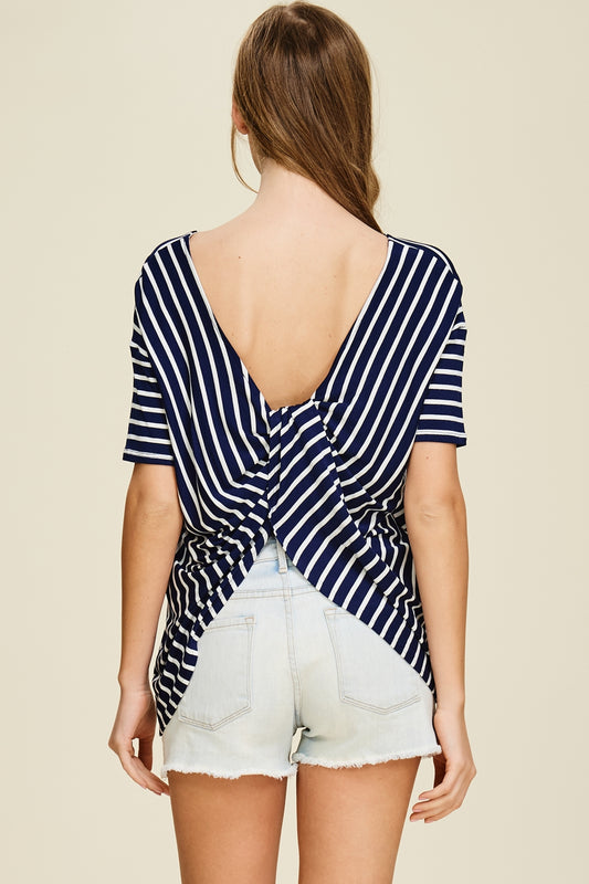 Dolman sleeve striped knit top with round neck and gathered twist back  Ivy and Pearl Boutique Navy S