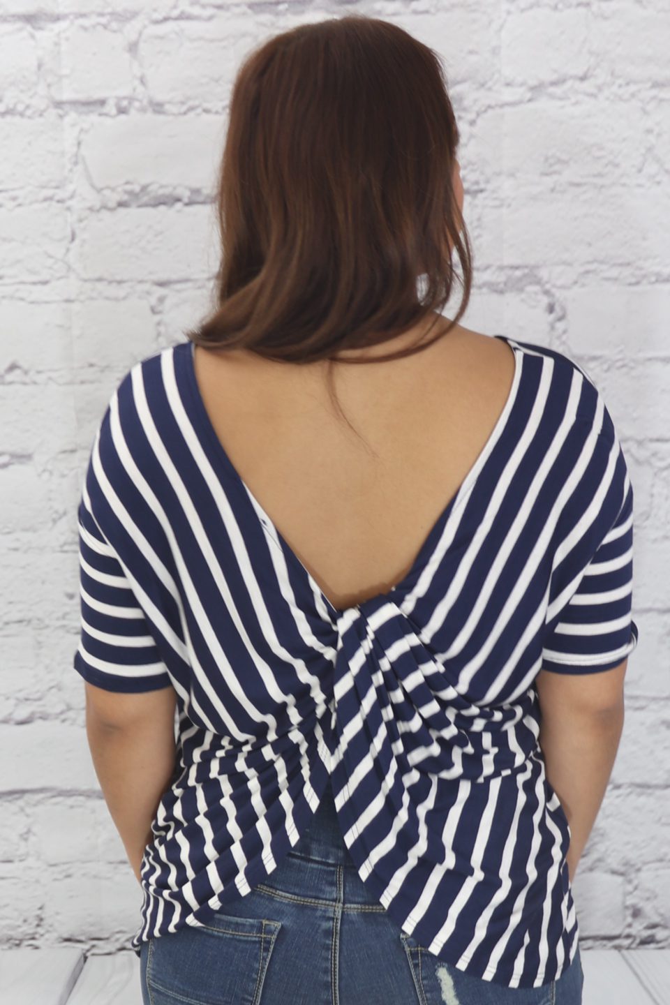 Dolman sleeve striped knit top with round neck and gathered twist back Ivy and Pearl Boutique