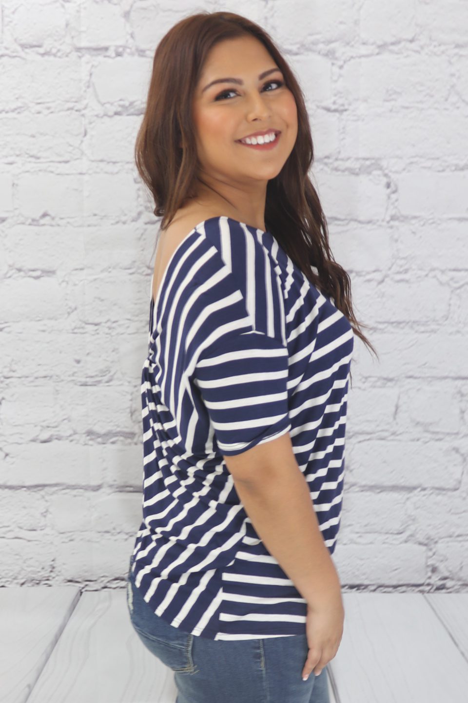 Dolman sleeve striped knit top with round neck and gathered twist back Ivy and Pearl Boutique