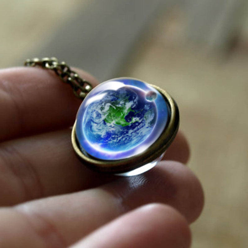 Double Glass Cosmic Planets Ball Pendant Necklace Ivy and Pearl Boutique Green Earth