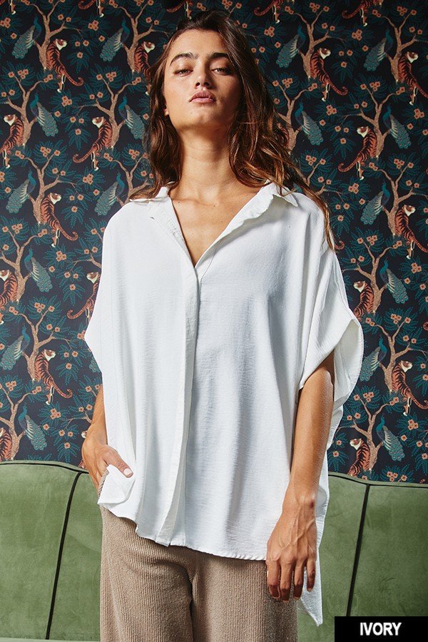 Drapey dolman sleeve high low button up oversized blouse Ivy and Pearl Boutique Ivory S