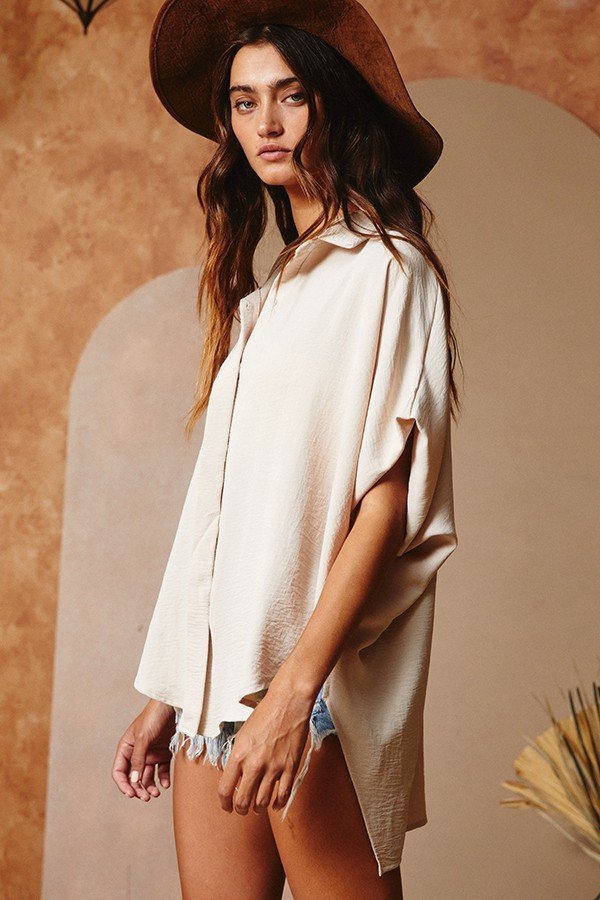 Drapey dolman sleeve high low button up oversized blouse Ivy and Pearl Boutique