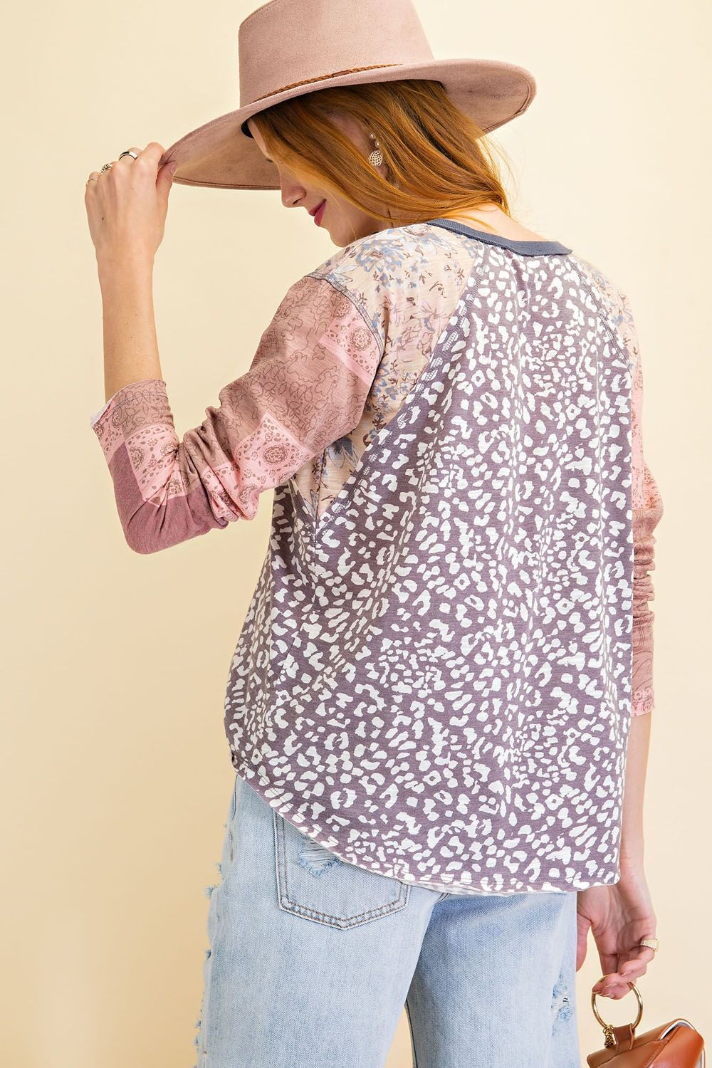 Dream-in animal print mix tribal sleeves V-neck knit top Ivy and Pearl Boutique