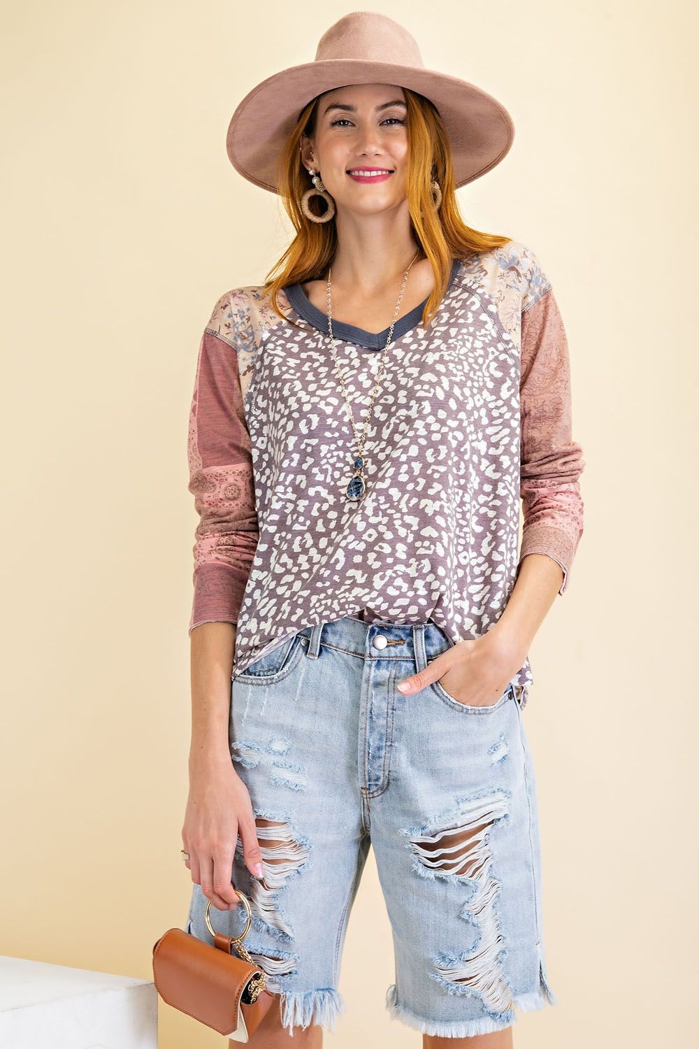 Dream-in animal print mix tribal sleeves V-neck knit top Ivy and Pearl Boutique Mushroom S