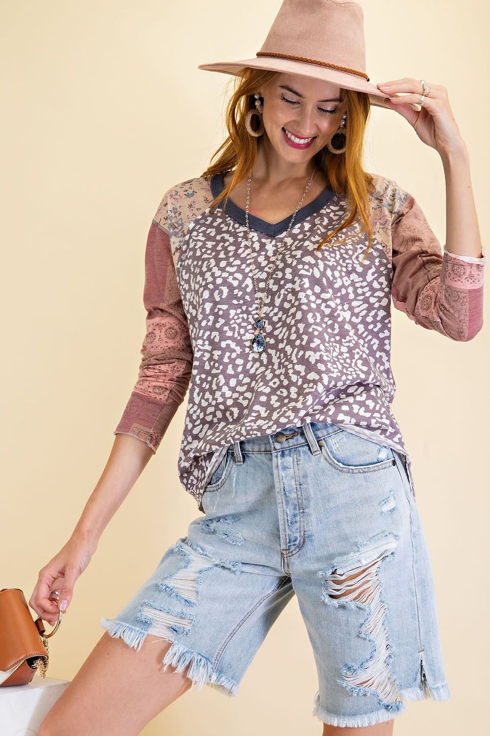 Dream-in animal print mix tribal sleeves V-neck knit top Ivy and Pearl Boutique