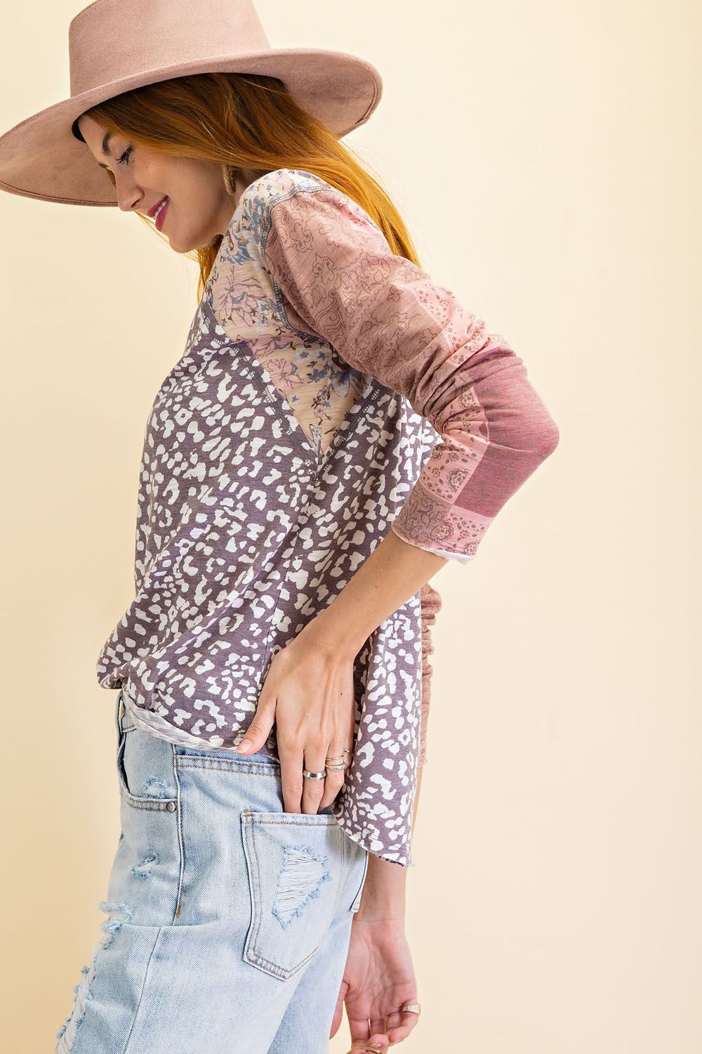 Dream-in animal print mix tribal sleeves V-neck knit top Ivy and Pearl Boutique