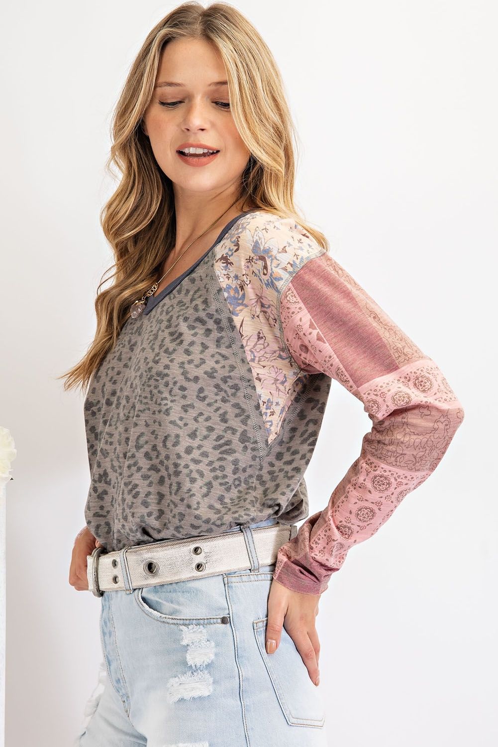 Dream-in animal print mix tribal sleeves V-neck knit top Ivy and Pearl Boutique