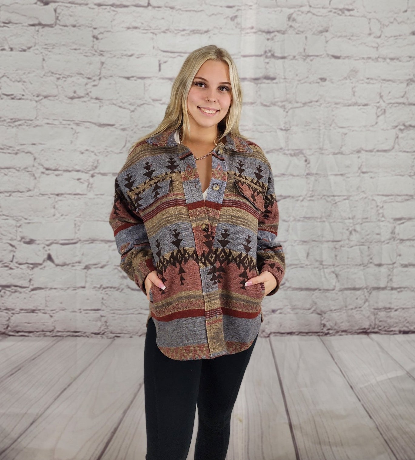 Ethnic printed shirt jacket Ivy and Pearl Boutique Blue Gray S