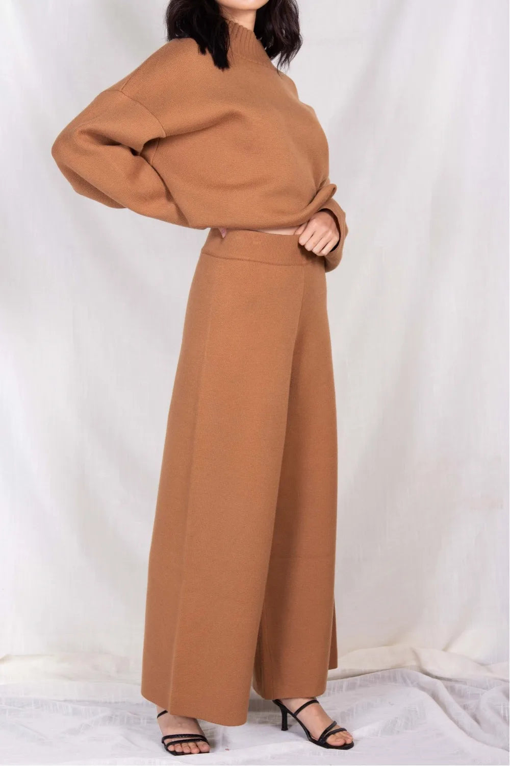 Elegant ankle length knit wide leg pants Ivy and Pearl Boutique Camel L