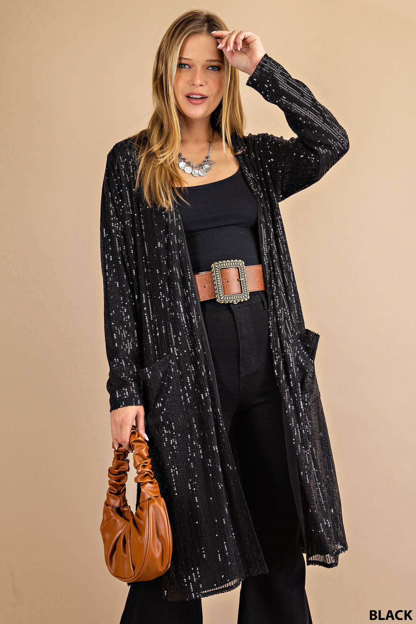 Elegant Black Sequined Duster Ivy and Pearl Boutique Black S