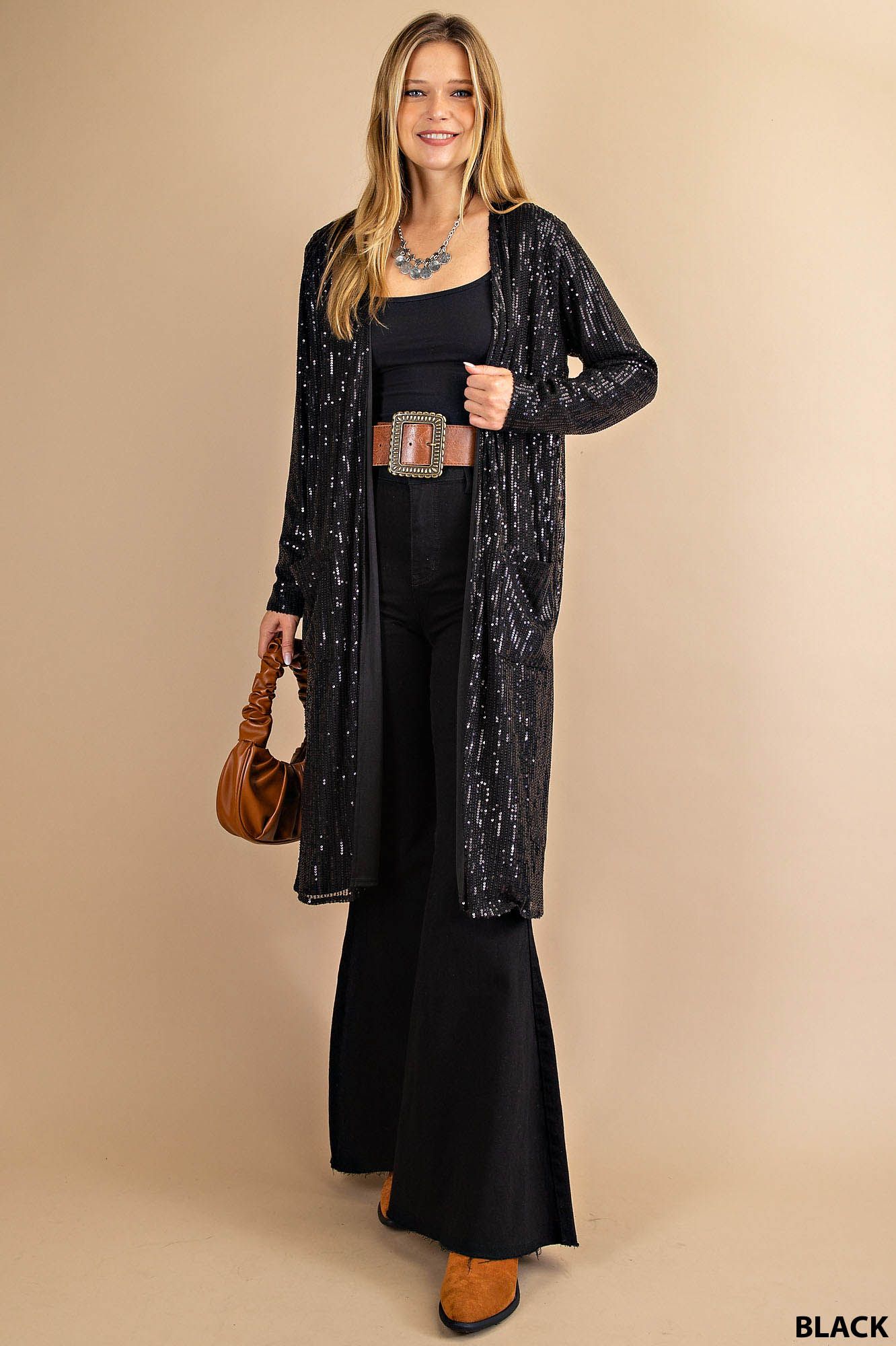 Elegant Black Sequined Duster Ivy and Pearl Boutique