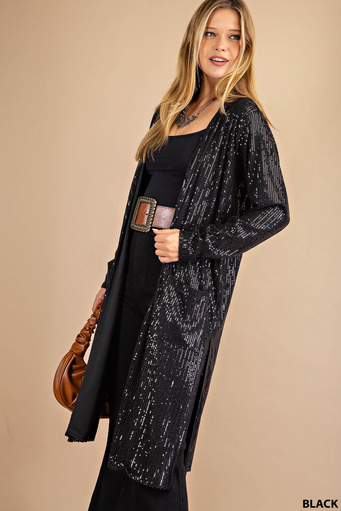 Elegant Black Sequined Duster Ivy and Pearl Boutique