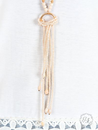 Elegant Ivory Beaded Tassel Necklace with Gold Ring Accent Ivy and Pearl Boutique