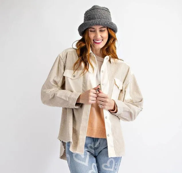 Long sleeve corduroy mix twill shirt jacket Ivy and Pearl Boutique