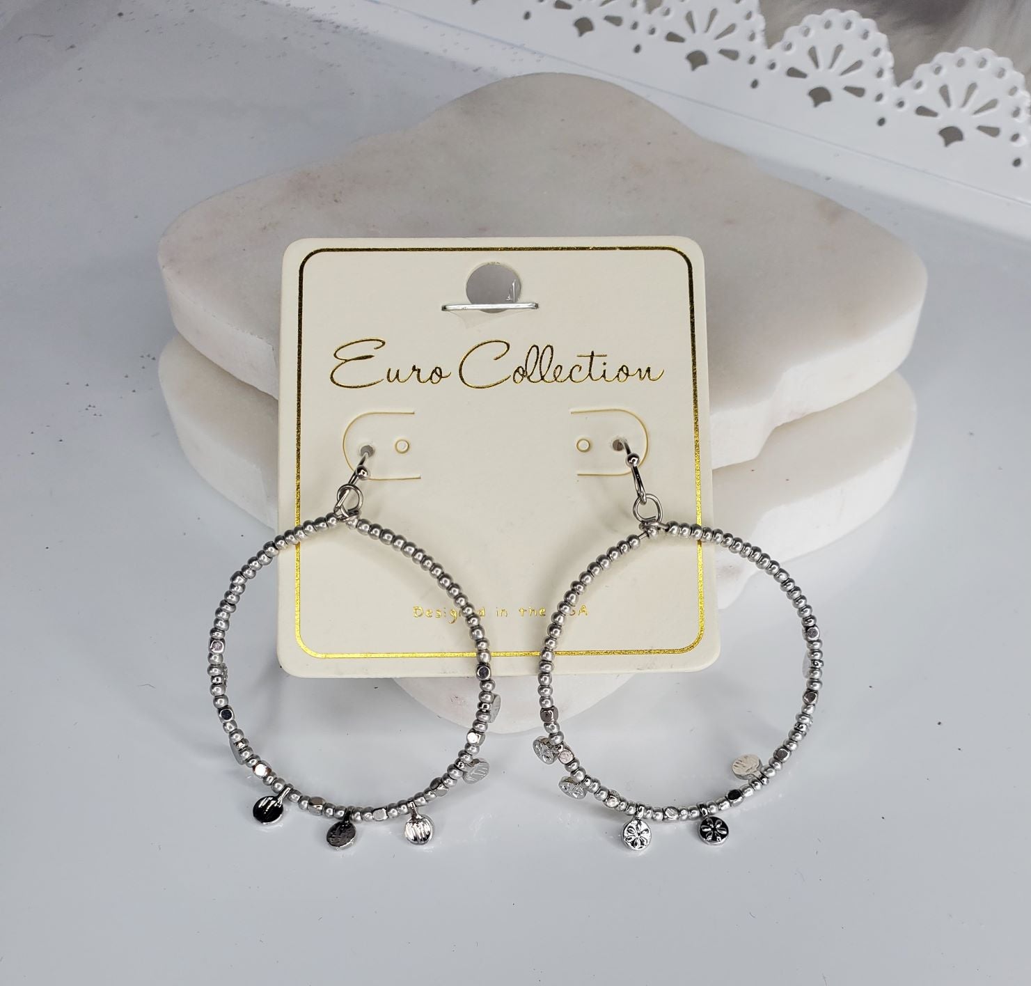 Euro Collection beads on wire with flowered disc loop earrings  Ivy and Pearl Boutique