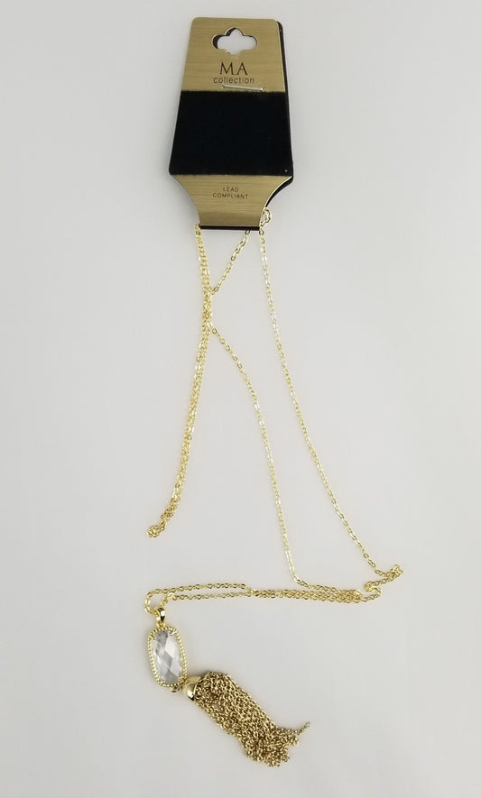 Faceted faux-diamond necklace with golden rope trim and linked chain tassel  Ivy and Pearl Boutique