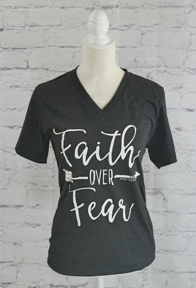 "Faith over Fear" V-neck T-Shirt Ivy and Pearl Boutique Dark gray S