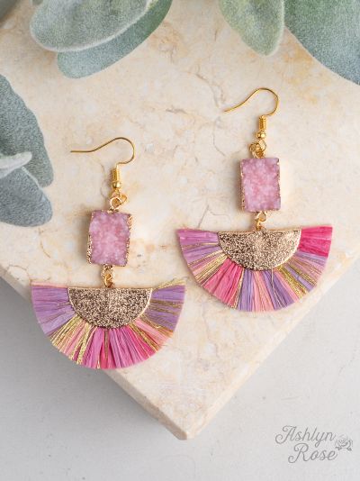 Fan club drop earrings with druzy stone  Ivy and Pearl Boutique Pink