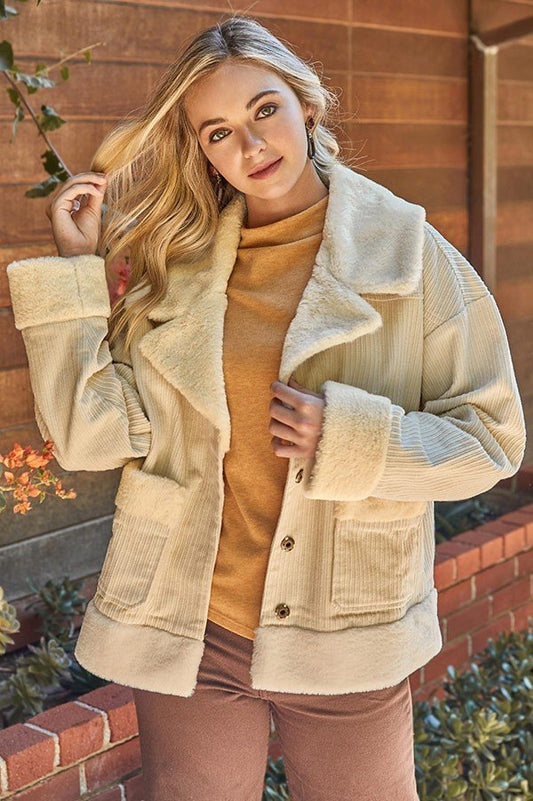 Faux fur and corduroy jacket featuring hidden placket and pocket  Ivy and Pearl Boutique Cream S