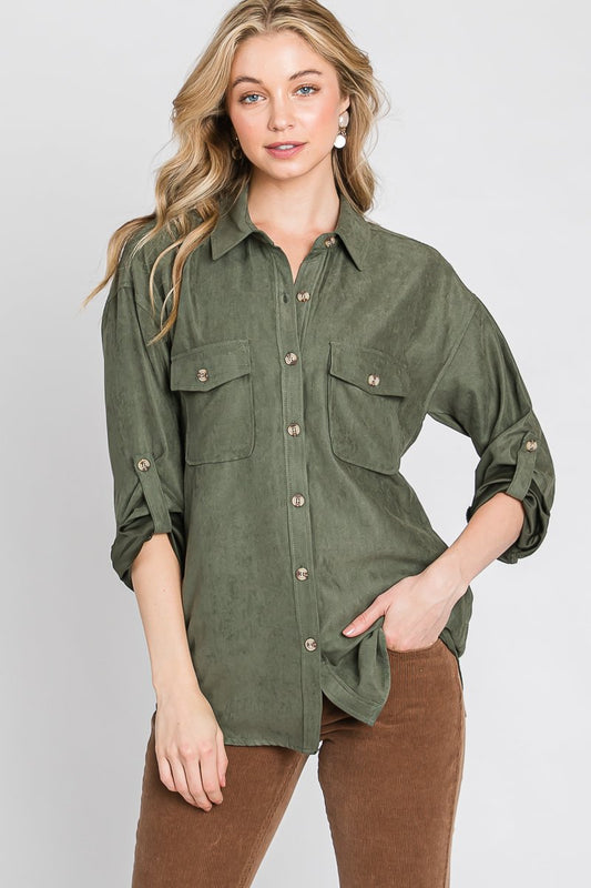 Faux suede classic button-down shirt with button strap long sleeves - multiple colors  Ivy and Pearl Boutique Green M/L