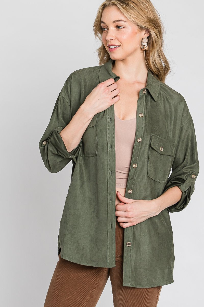 Faux suede classic button-down shirt with button strap long sleeves - multiple colors Ivy and Pearl Boutique